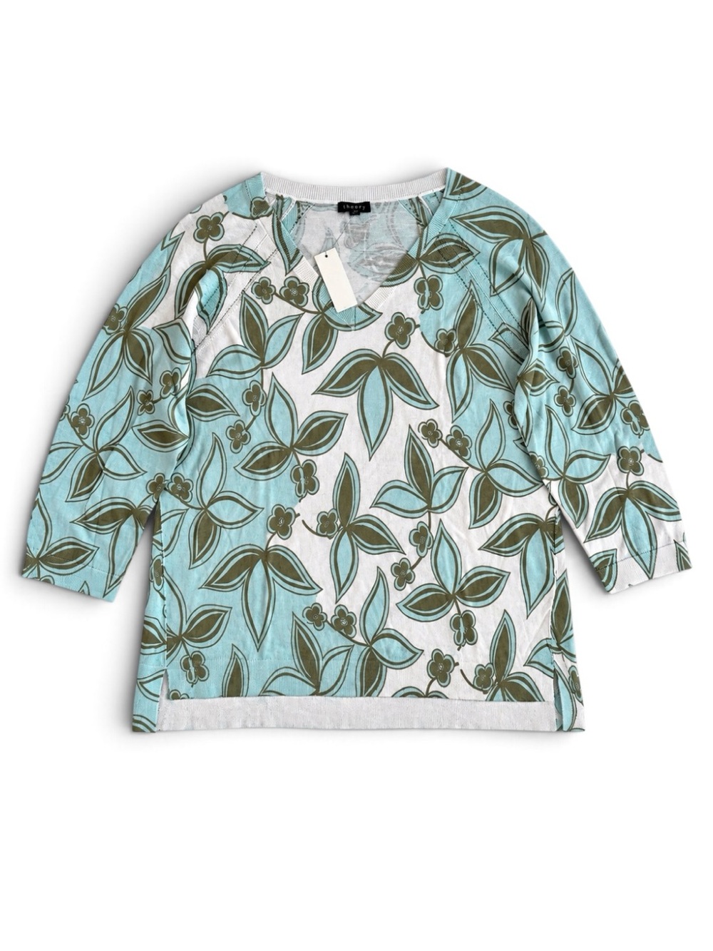 Talbots Cotton V-Neck 3/4 Sleeve Sweater Preppy Pullover Blue Green Floral Large